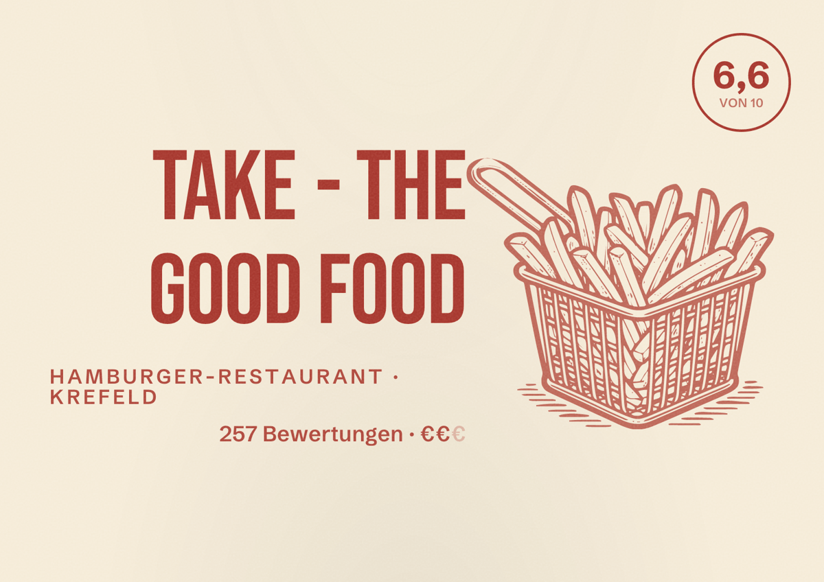 Illustriertes Poster von TAKE - THE GOOD FOOD, Hamburger-Restaurant in Krefeld: Bewertung 6,6 von 10 aus 257 Bewertungen, Preisniveau €€