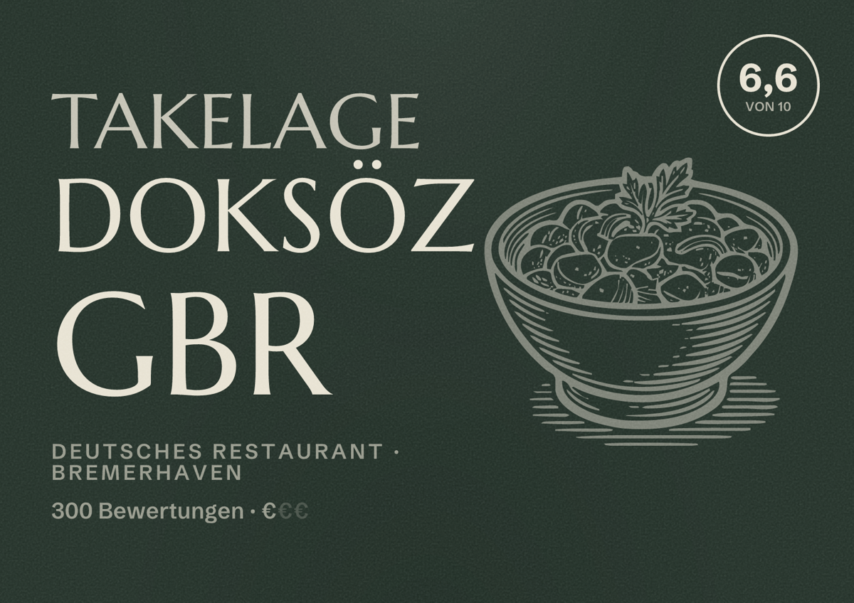 Illustriertes Poster von Takelage Doksöz GbR, Deutsches Restaurant in Bremerhaven: Bewertung 6,6 von 10 aus 300 Bewertungen, Preisniveau €