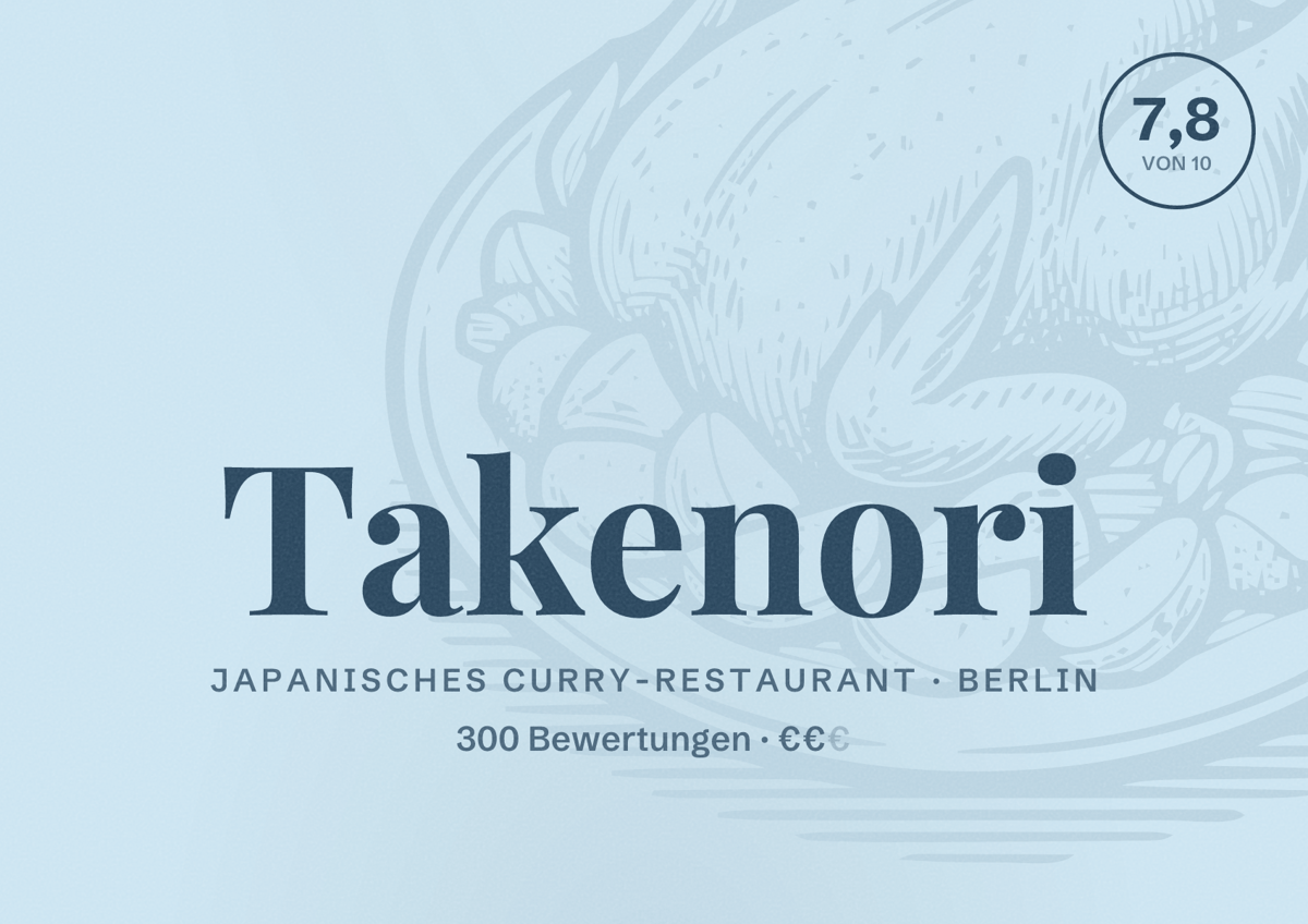 Illustriertes Poster von Takenori, Japanisches Curry-Restaurant in Berlin: Bewertung 7,8 von 10 aus 300 Bewertungen, Preisniveau €€