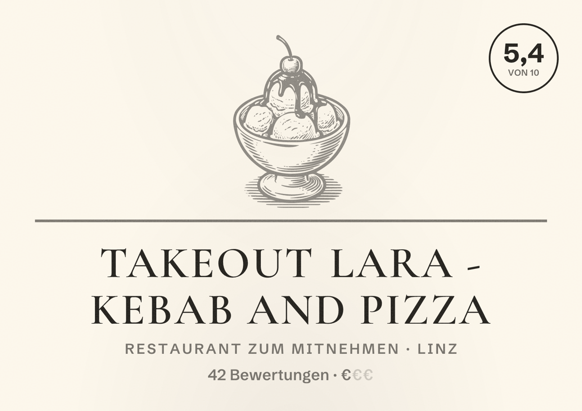Illustriertes Poster von Takeout Lara - Kebab and Pizza, Restaurant zum Mitnehmen in Linz: Bewertung 5,4 von 10 aus 42 Bewertungen, Preisniveau €