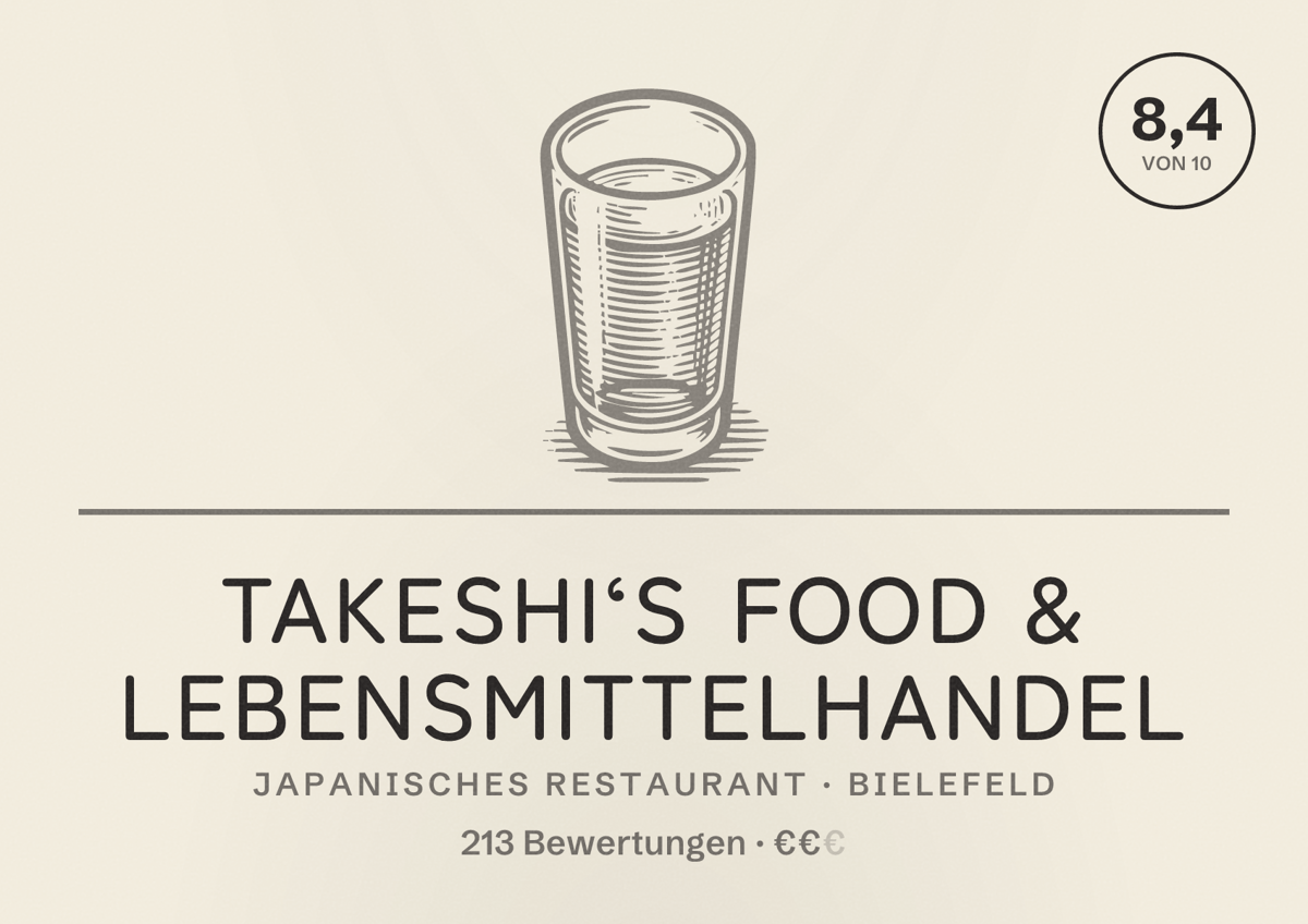 Illustriertes Poster von Takeshi‘s Food & Lebensmittelhandel, Japanisches Restaurant in Bielefeld: Bewertung 8,4 von 10 aus 213 Bewertungen, Preisniveau €€