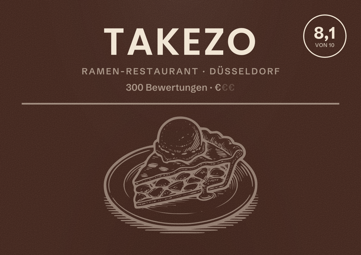 Illustriertes Poster von Takezo, Ramen-Restaurant in Düsseldorf: Bewertung 8,1 von 10 aus 300 Bewertungen, Preisniveau €
