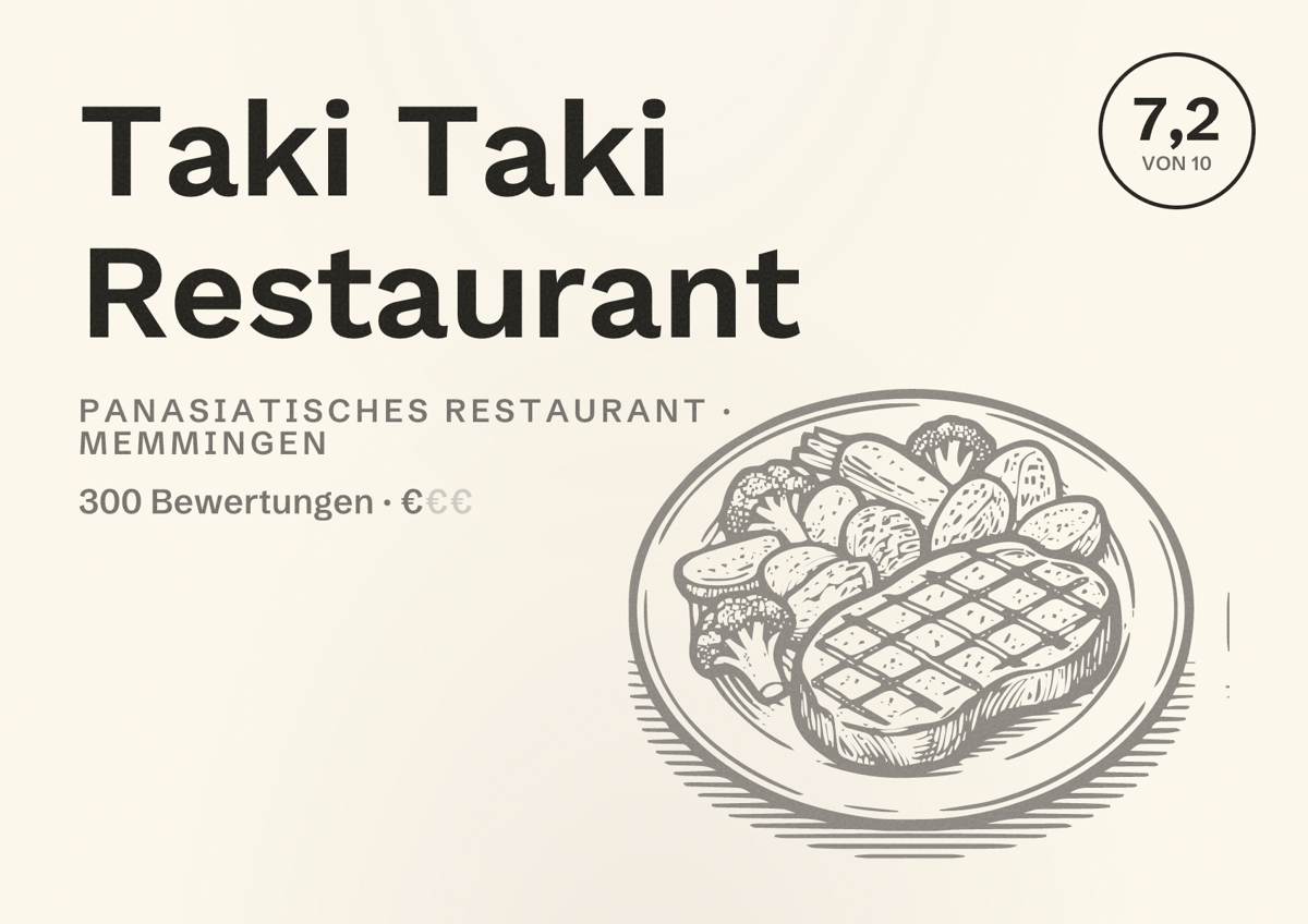 Illustriertes Poster von Taki Taki Restaurant, Panasiatisches Restaurant in Memmingen: Bewertung 7,2 von 10 aus 300 Bewertungen, Preisniveau €