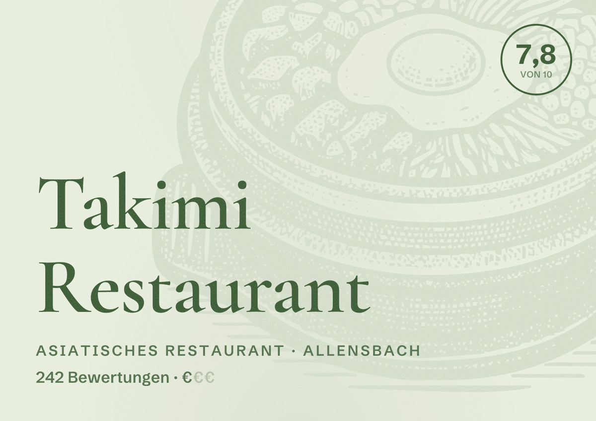 Illustriertes Poster von Takimi Restaurant, Asiatisches Restaurant in Allensbach: Bewertung 7,8 von 10 aus 242 Bewertungen, Preisniveau €