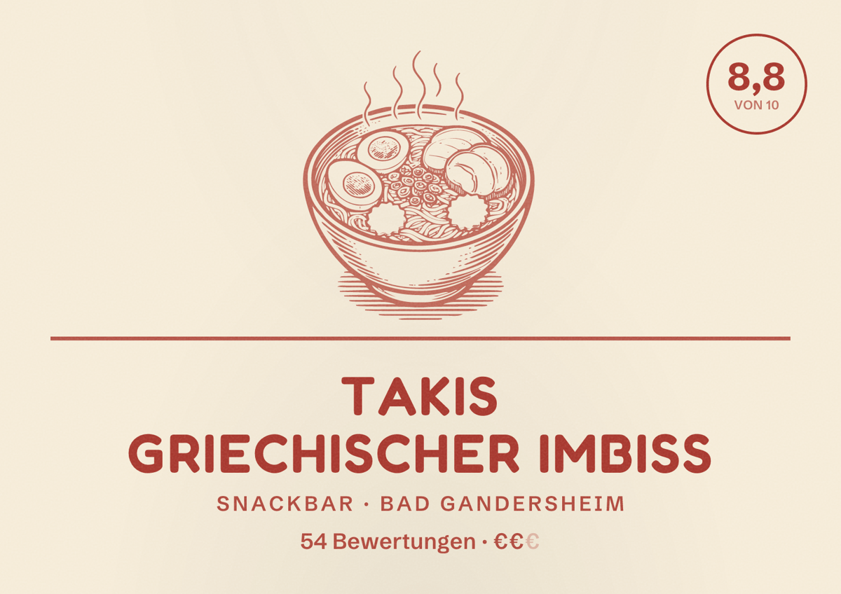 Illustriertes Poster von Takis Griechischer Imbiss, Snackbar in Bad Gandersheim: Bewertung 8,8 von 10 aus 54 Bewertungen, Preisniveau €€