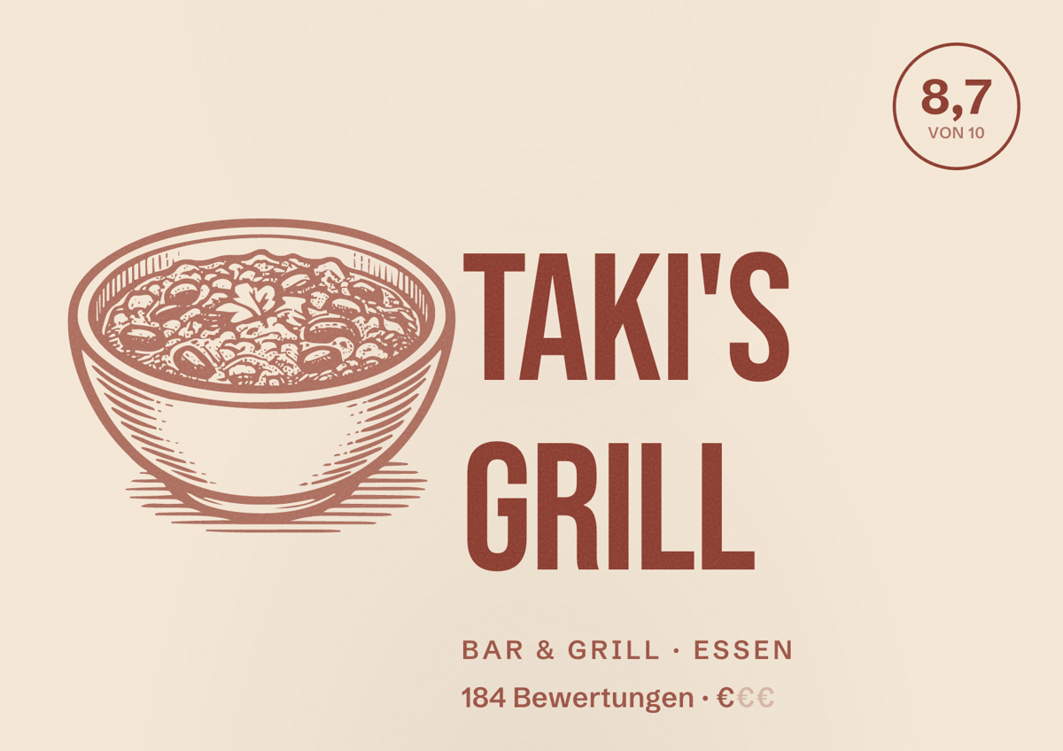 Illustriertes Poster von Taki's Grill, Bar & Grill in Essen: Bewertung 8,7 von 10 aus 184 Bewertungen, Preisniveau €