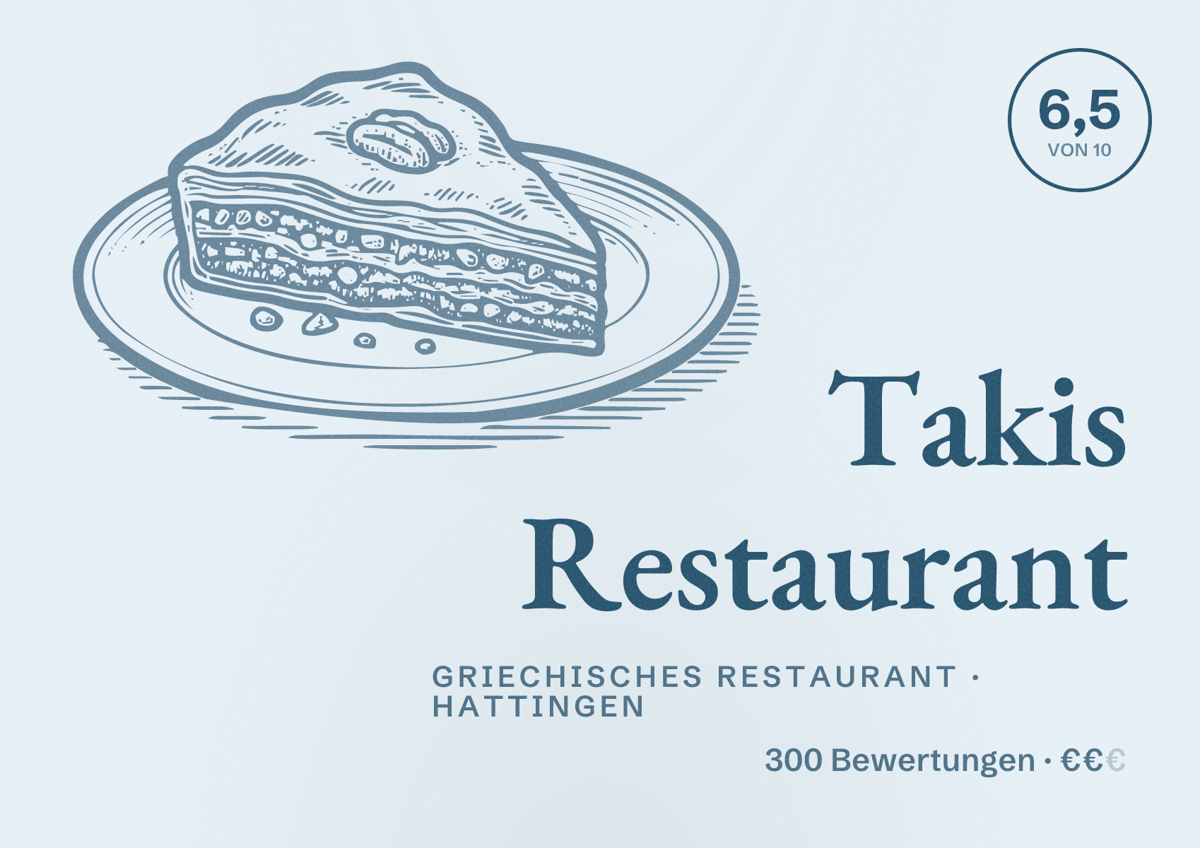 Illustriertes Poster von Takis Restaurant, Griechisches Restaurant in Hattingen: Bewertung 6,5 von 10 aus 300 Bewertungen, Preisniveau €€