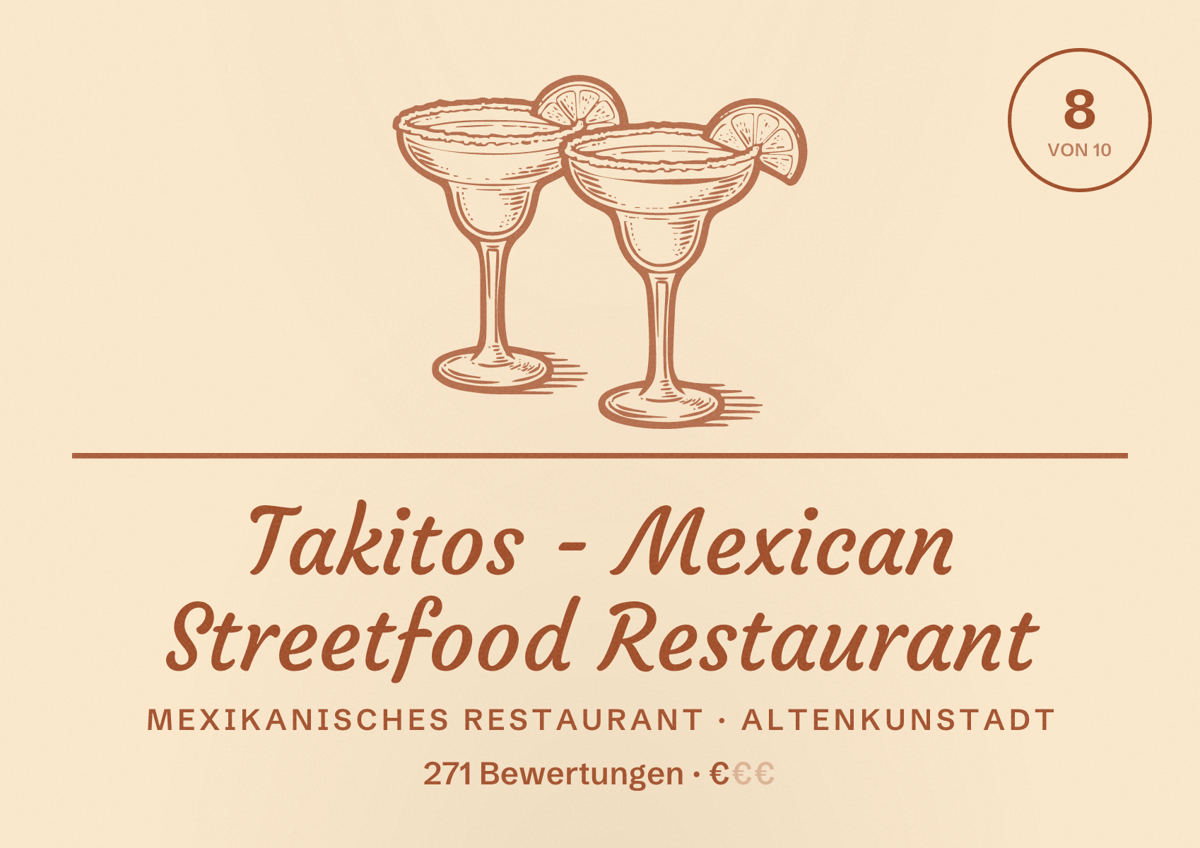 Illustriertes Poster von Takitos - Mexican Streetfood Restaurant, Mexikanisches Restaurant in Altenkunstadt: Bewertung 8 von 10 aus 271 Bewertungen, Preisniveau €