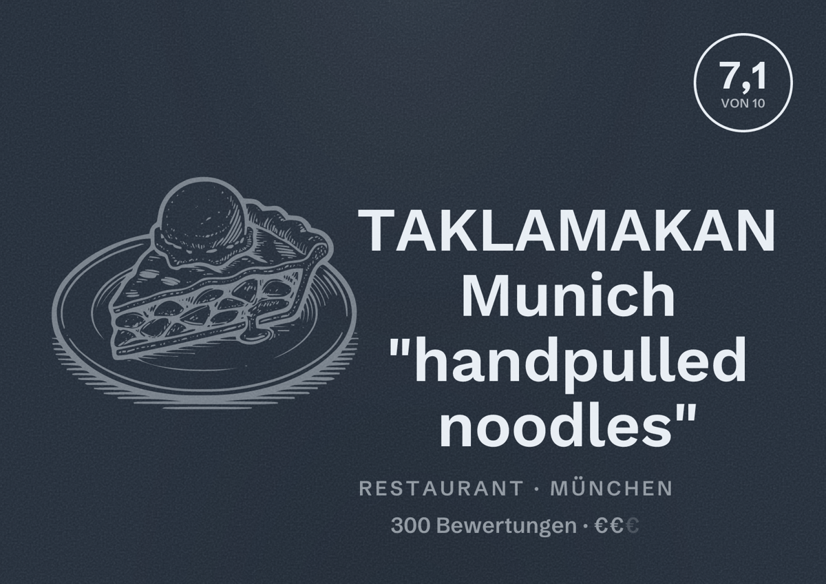 Illustriertes Poster von TAKLAMAKAN Munich "handpulled noodles", Restaurant in München: Bewertung 7,1 von 10 aus 300 Bewertungen, Preisniveau €€