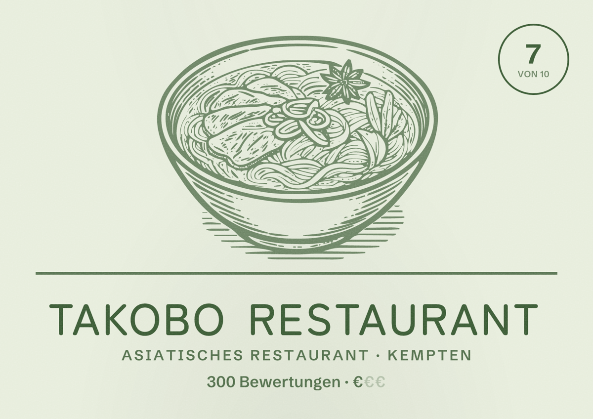 Illustriertes Poster von Takobo Restaurant, Asiatisches Restaurant in Kempten: Bewertung 7 von 10 aus 300 Bewertungen, Preisniveau €