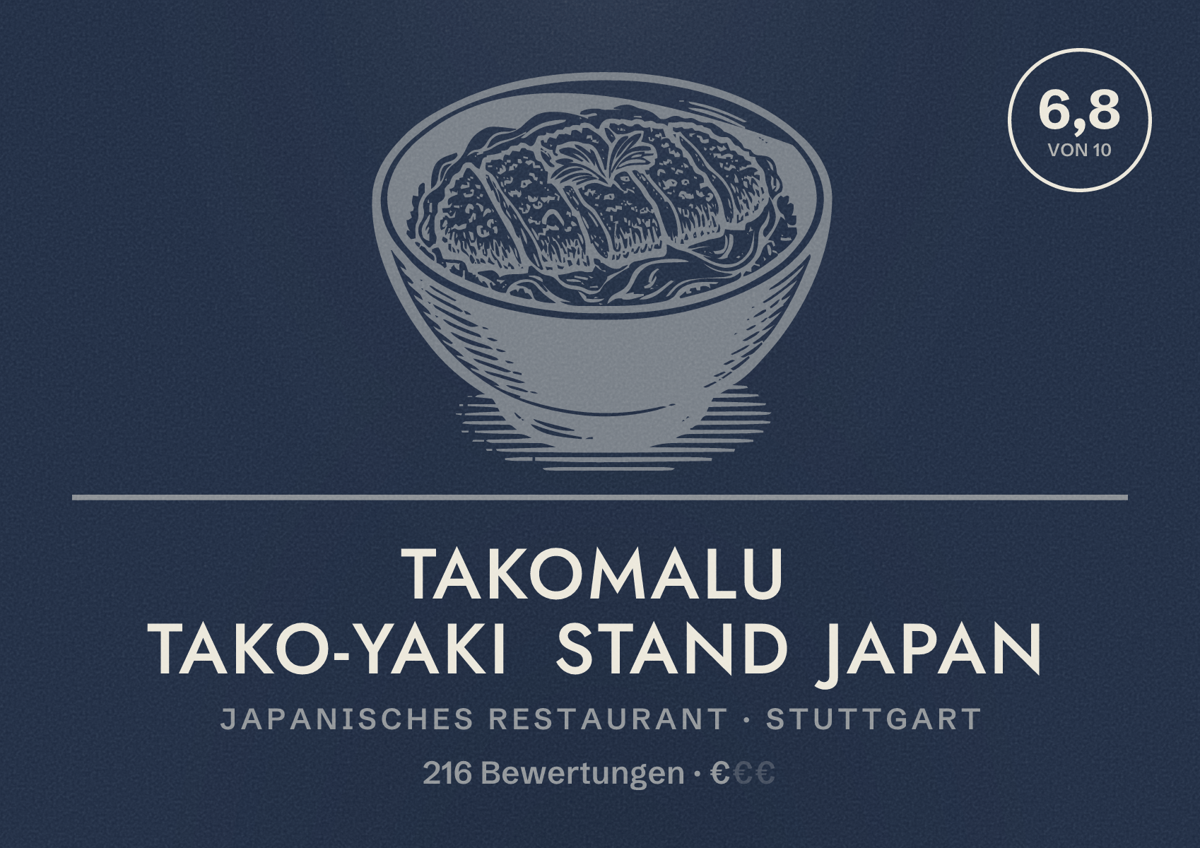 Illustriertes Poster von TAKOMALU Tako-Yaki Stand Japan, Japanisches Restaurant in Stuttgart: Bewertung 6,8 von 10 aus 216 Bewertungen, Preisniveau €