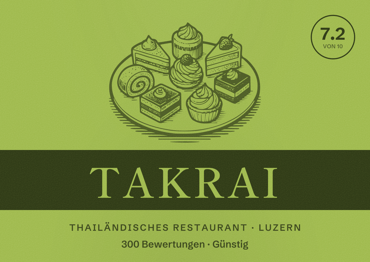 Illustriertes Poster von Takrai, Thailändisches Restaurant in Luzern: Bewertung 7.2 von 10 aus 300 Bewertungen, Preisniveau Günstig