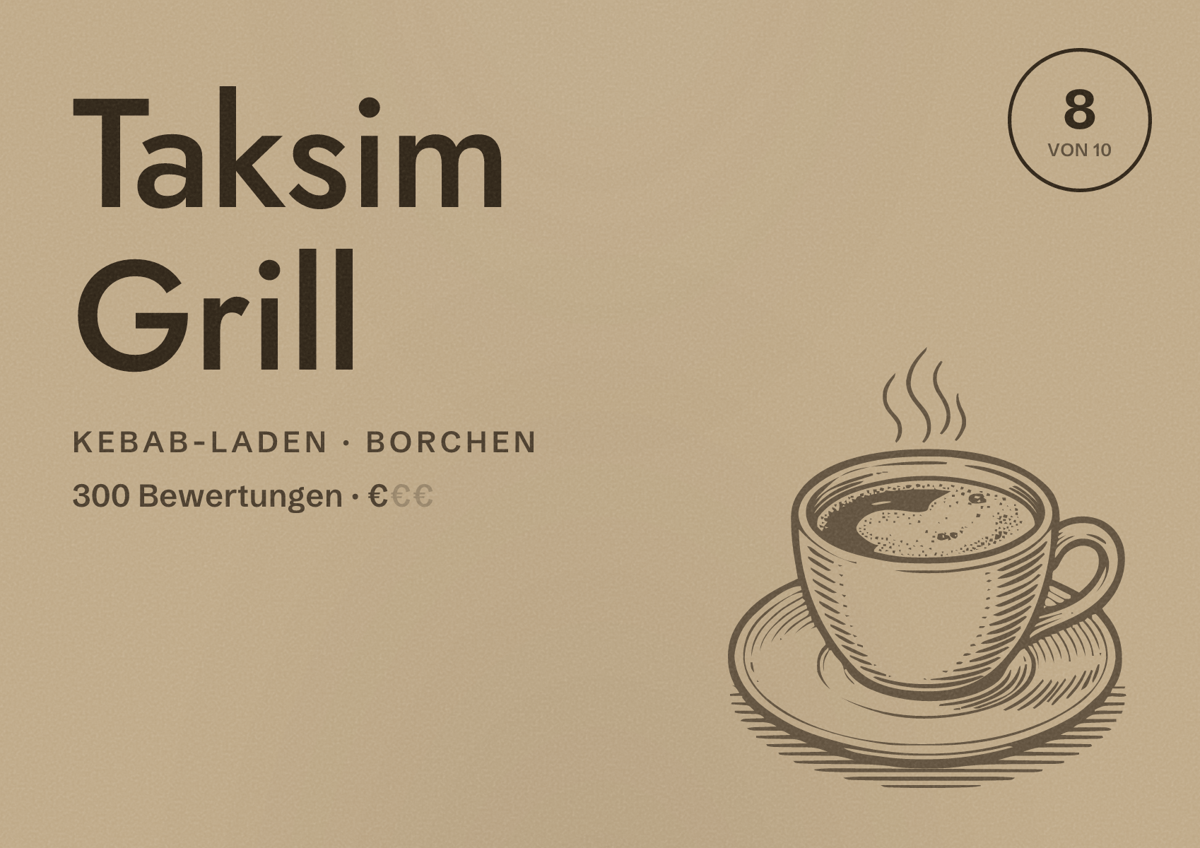 Illustriertes Poster von Taksim Grill, Kebab-Laden in Borchen: Bewertung 8 von 10 aus 300 Bewertungen, Preisniveau €