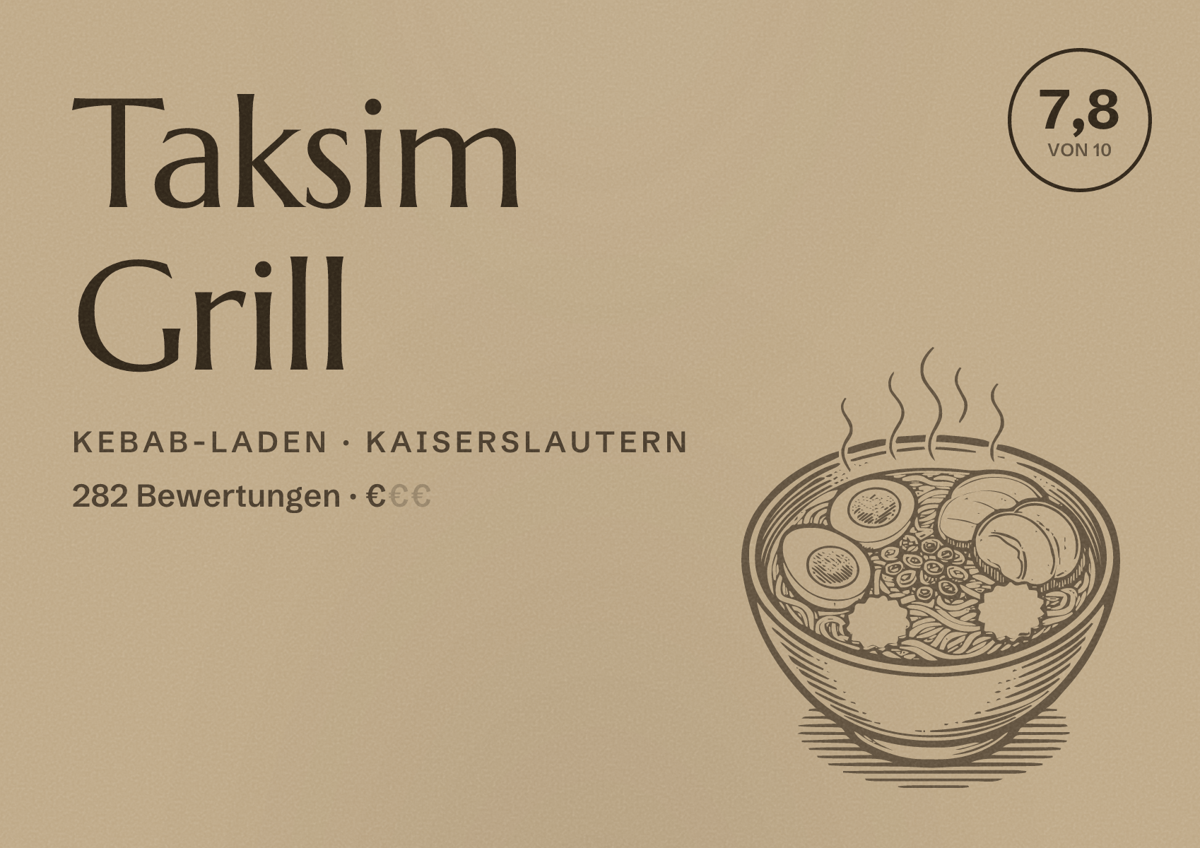 Illustriertes Poster von Taksim Grill, Kebab-Laden in Kaiserslautern: Bewertung 7,8 von 10 aus 282 Bewertungen, Preisniveau €
