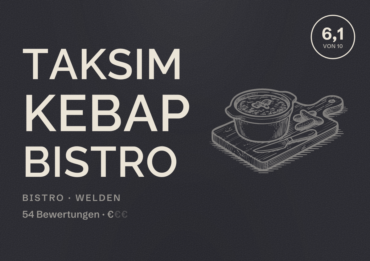 Illustriertes Poster von Taksim Kebap Bistro, Bistro in Welden: Bewertung 6,1 von 10 aus 54 Bewertungen, Preisniveau €