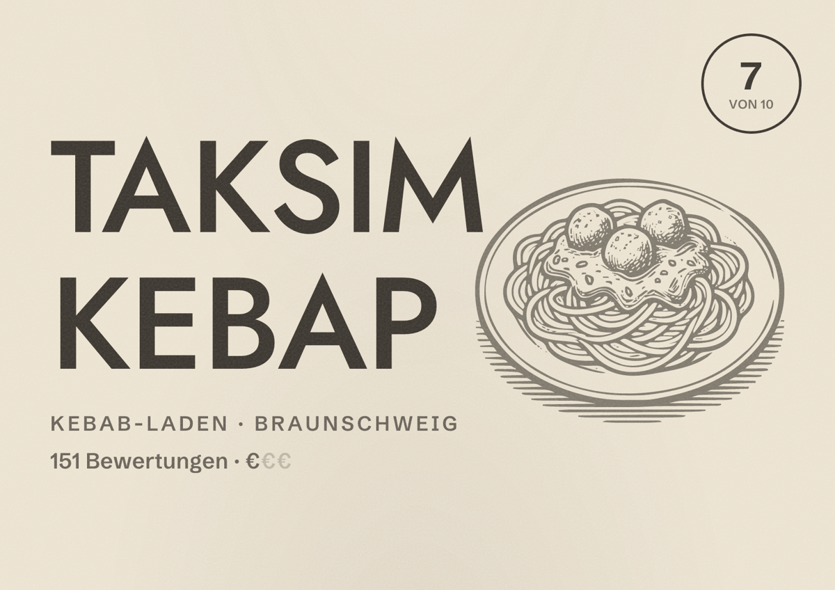 Illustriertes Poster von TAKSIM KEBAP, Kebab-Laden in Braunschweig: Bewertung 7 von 10 aus 151 Bewertungen, Preisniveau €