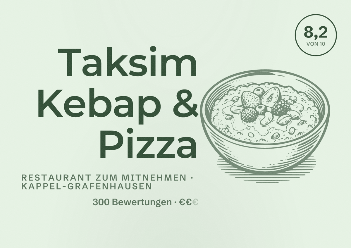Illustriertes Poster von Taksim Kebap & Pizza, Restaurant zum Mitnehmen in Kappel-Grafenhausen: Bewertung 8,2 von 10 aus 300 Bewertungen, Preisniveau €€