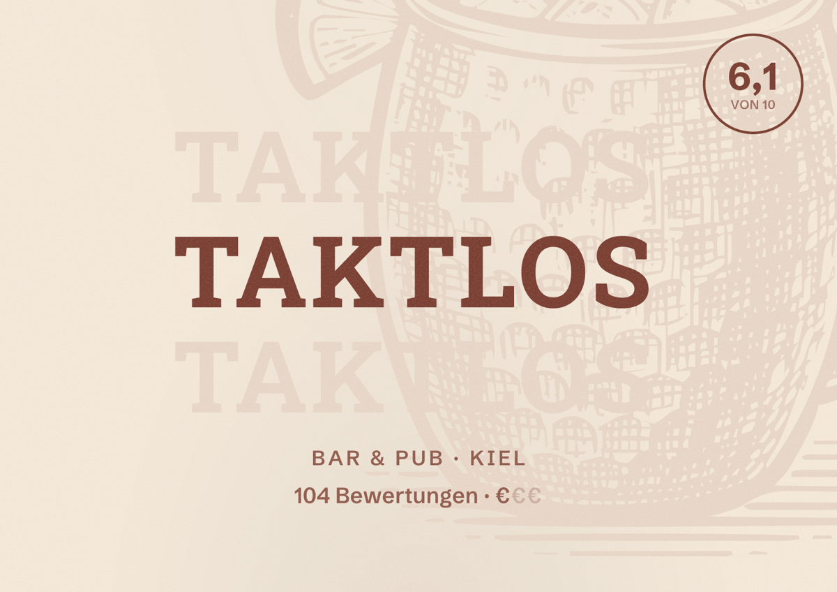 Illustriertes Poster von Taktlos, Bar & Pub in Kiel: Bewertung 6,1 von 10 aus 104 Bewertungen, Preisniveau €