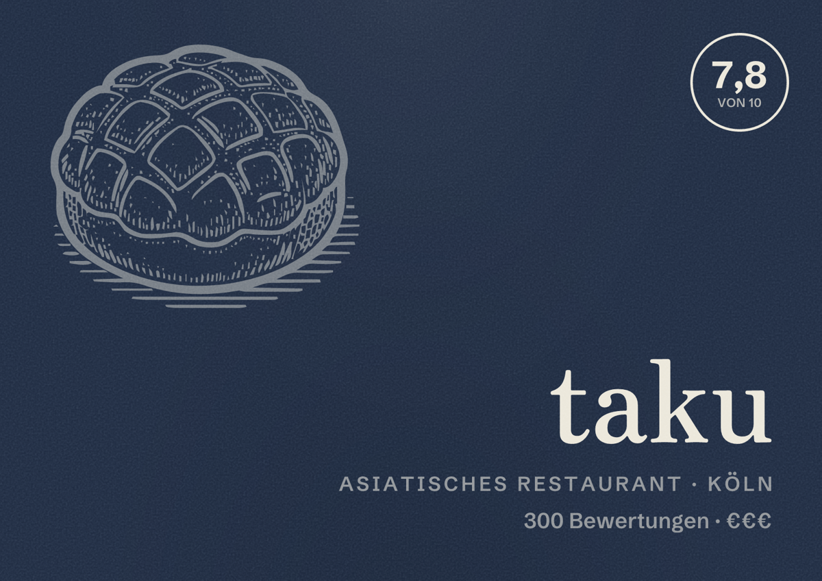 Illustriertes Poster von taku, Asiatisches Restaurant in Köln: Bewertung 7,8 von 10 aus 300 Bewertungen, Preisniveau €€€