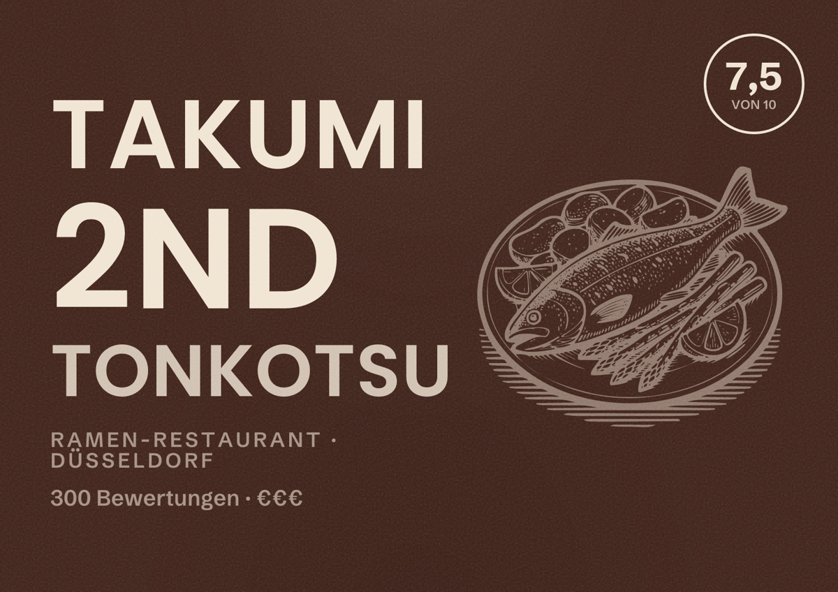 Illustriertes Poster von Takumi 2nd Tonkotsu, Ramen-Restaurant in Düsseldorf: Bewertung 7,5 von 10 aus 300 Bewertungen, Preisniveau €€€