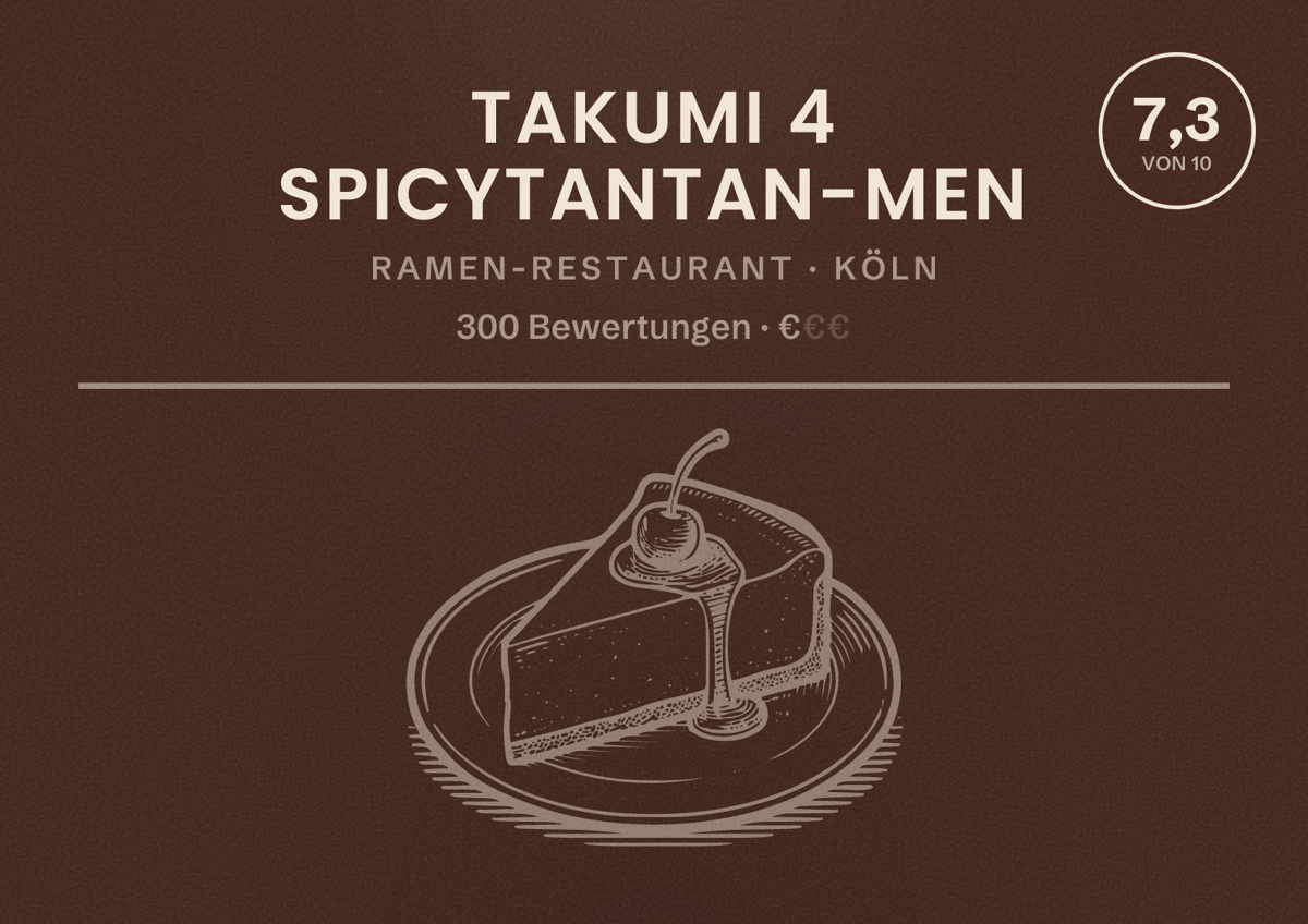 Illustriertes Poster von Takumi 4 SpicyTanTan-Men, Ramen-Restaurant in Köln: Bewertung 7,3 von 10 aus 300 Bewertungen, Preisniveau €
