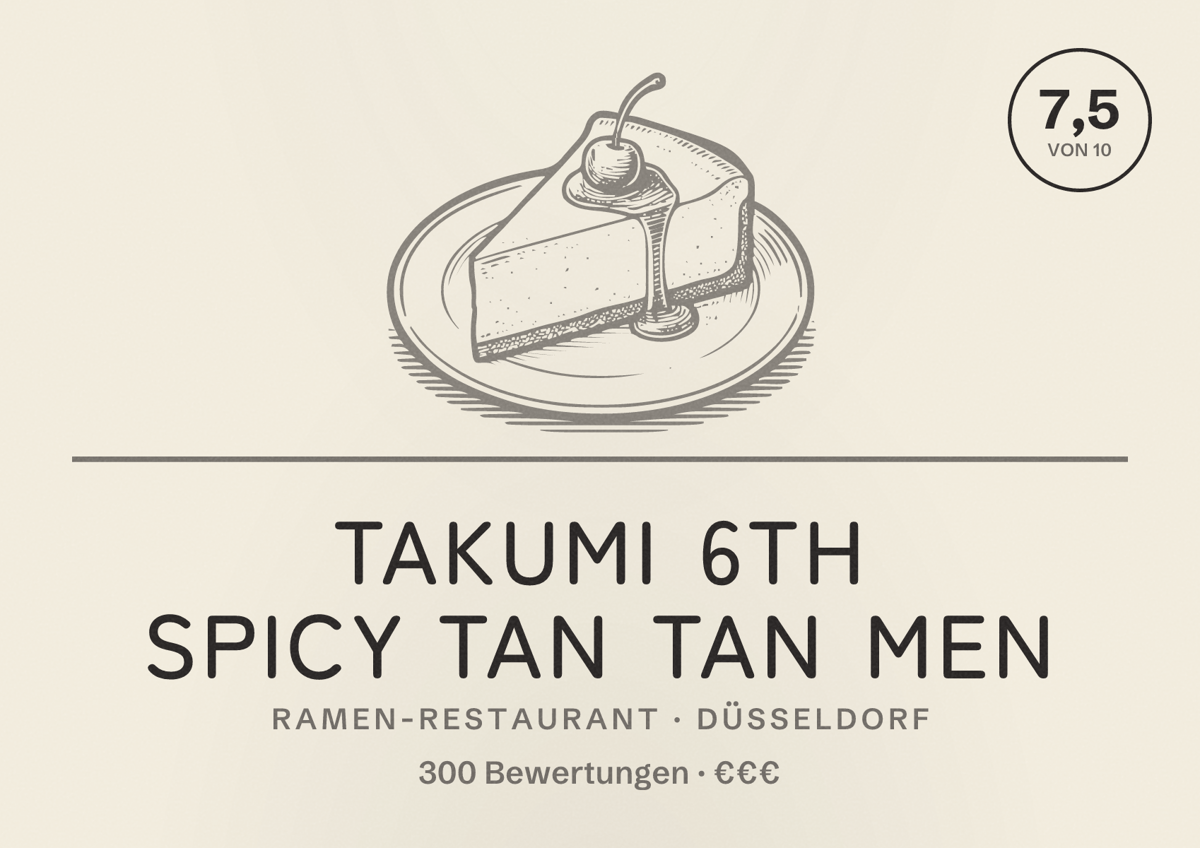 Illustriertes Poster von Takumi 6th Spicy Tan Tan Men, Ramen-Restaurant in Düsseldorf: Bewertung 7,5 von 10 aus 300 Bewertungen, Preisniveau €€€