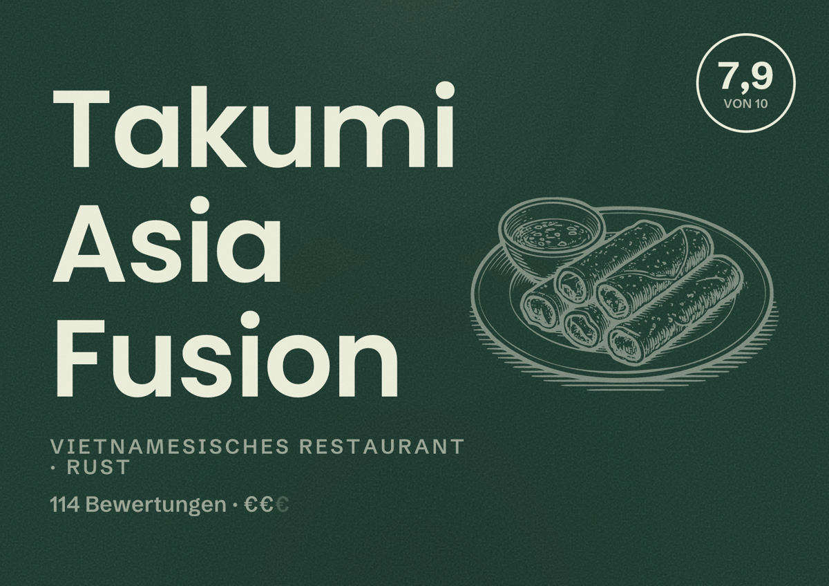 Illustriertes Poster von Takumi Asia Fusion, Vietnamesisches Restaurant in Rust: Bewertung 7,9 von 10 aus 114 Bewertungen, Preisniveau €€