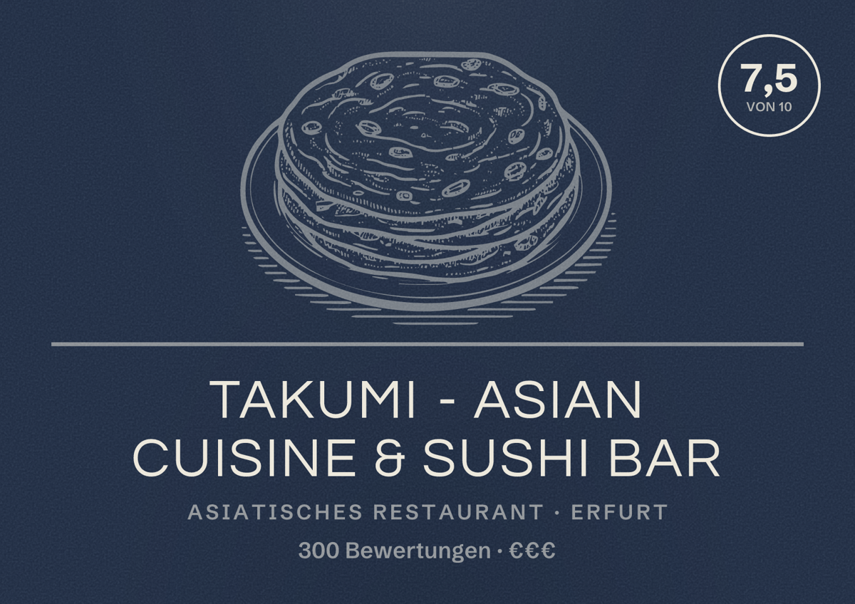 Illustriertes Poster von Takumi - Asian Cuisine & Sushi Bar, Asiatisches Restaurant in Erfurt: Bewertung 7,5 von 10 aus 300 Bewertungen, Preisniveau €€€