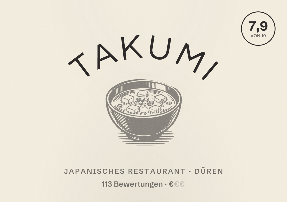 Illustriertes Poster von Takumi, Japanisches Restaurant in Düren: Bewertung 7,9 von 10 aus 113 Bewertungen, Preisniveau €