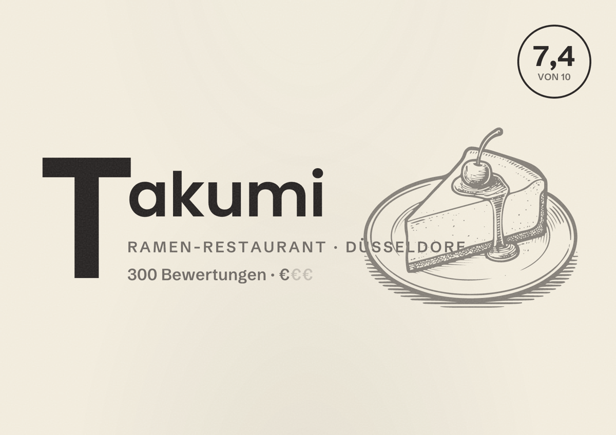 Illustriertes Poster von Takumi, Ramen-Restaurant in Düsseldorf: Bewertung 7,4 von 10 aus 300 Bewertungen, Preisniveau €