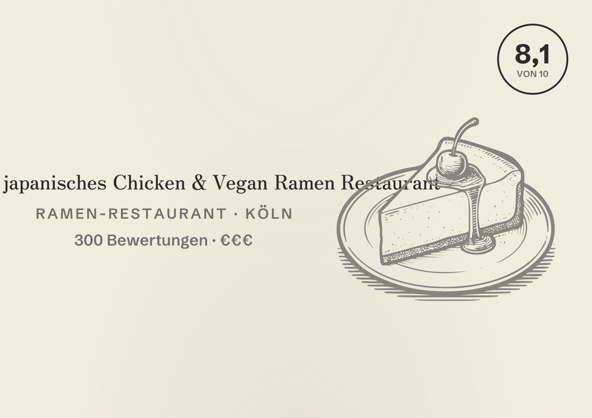 Illustriertes Poster von Takumi japanisches Chicken & Vegan Ramen Restaurant, Ramen-Restaurant in Köln: Bewertung 8,1 von 10 aus 300 Bewertungen, Preisniveau €€€