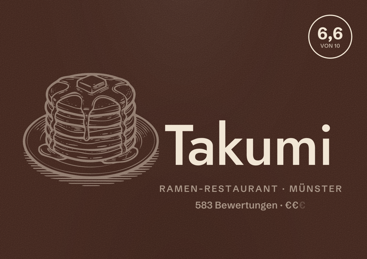 Illustriertes Poster von Takumi, Ramen-Restaurant in Münster: Bewertung 6,6 von 10 aus 583 Bewertungen, Preisniveau €€