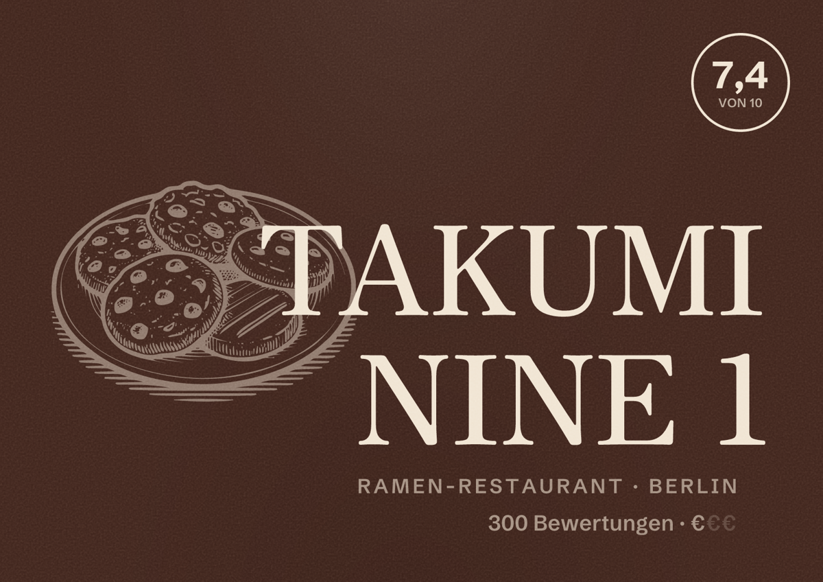 Illustriertes Poster von TAKUMI NINE 1, Ramen-Restaurant in Berlin: Bewertung 7,4 von 10 aus 300 Bewertungen, Preisniveau €