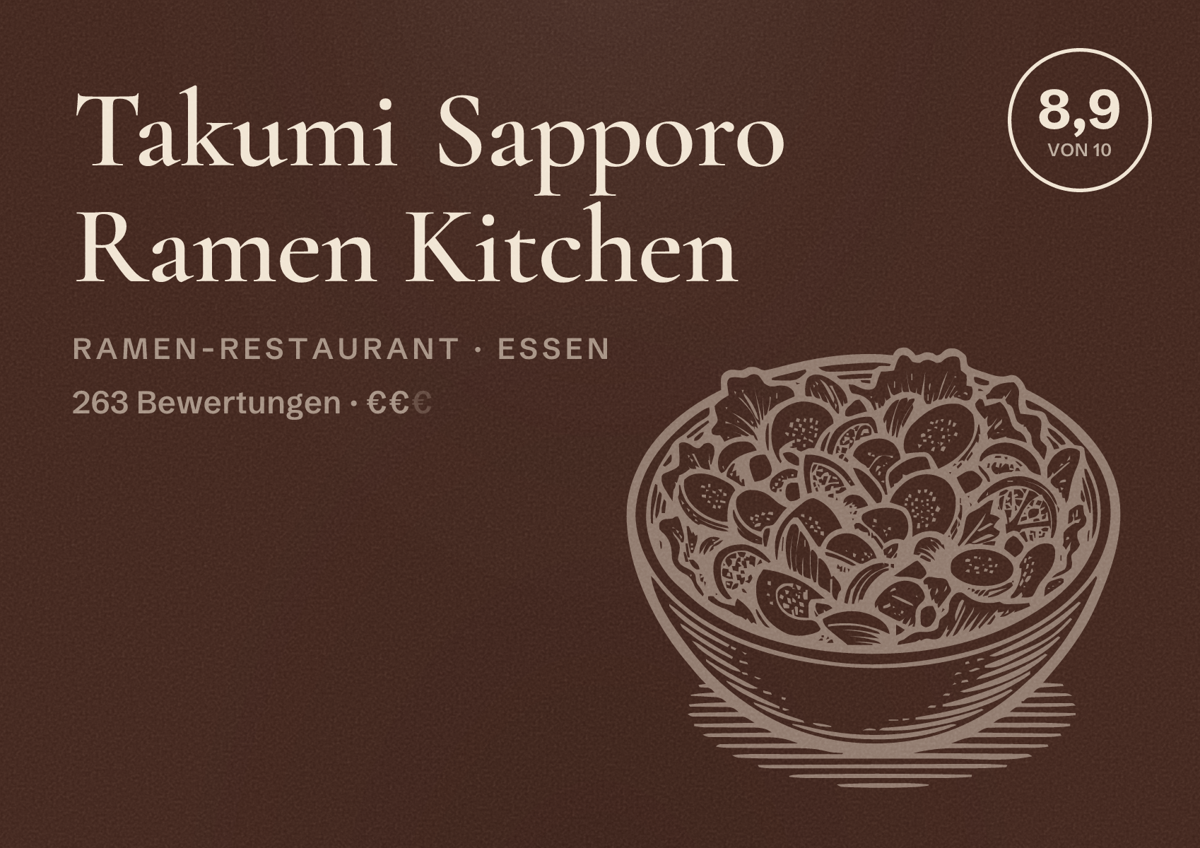 Illustriertes Poster von Takumi Sapporo Ramen Kitchen, Ramen-Restaurant in Essen: Bewertung 8,9 von 10 aus 263 Bewertungen, Preisniveau €€