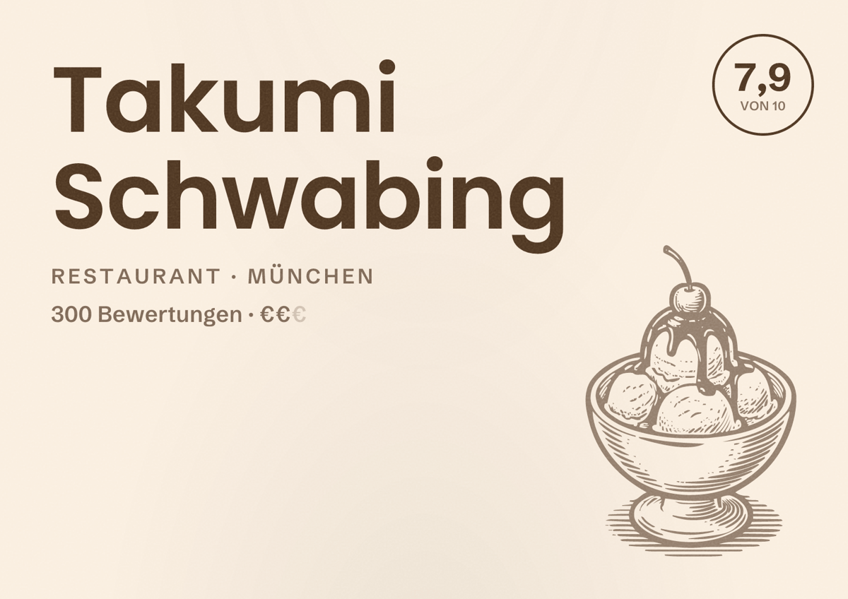 Illustriertes Poster von Takumi Schwabing, Restaurant in München: Bewertung 7,9 von 10 aus 300 Bewertungen, Preisniveau €€