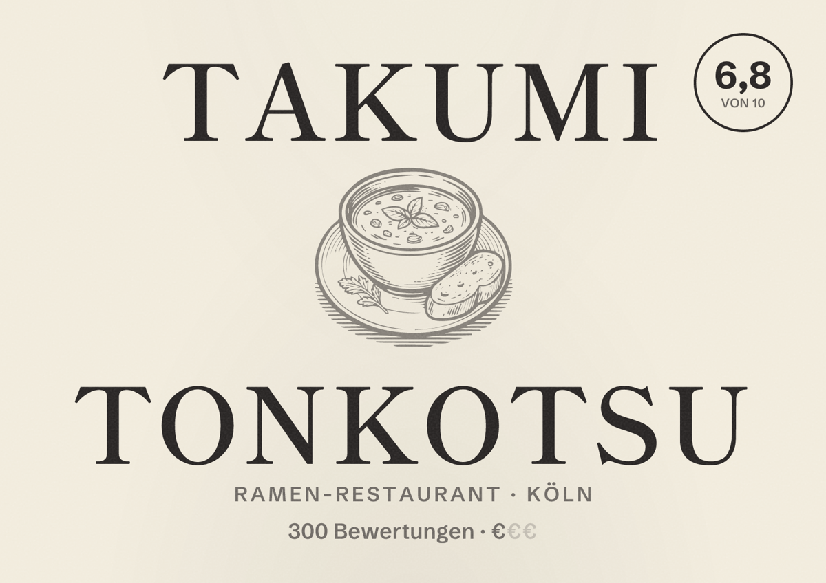 Illustriertes Poster von Takumi Tonkotsu, Ramen-Restaurant in Köln: Bewertung 6,8 von 10 aus 300 Bewertungen, Preisniveau €