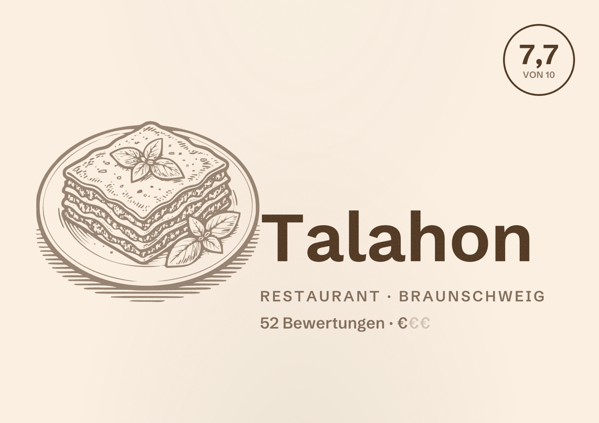 Illustriertes Poster von Talahon, Restaurant in Braunschweig: Bewertung 7,7 von 10 aus 52 Bewertungen, Preisniveau €