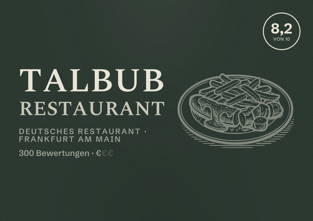 Illustriertes Poster von Talbub Restaurant, Deutsches Restaurant in Frankfurt am Main: Bewertung 8,2 von 10 aus 300 Bewertungen, Preisniveau €