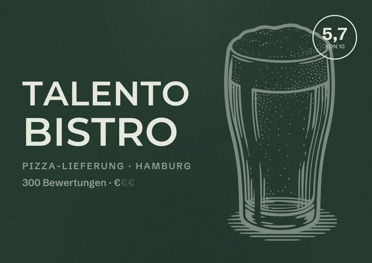 Illustriertes Poster von Talento Bistro, Pizza-Lieferung in Hamburg: Bewertung 5,7 von 10 aus 300 Bewertungen, Preisniveau €