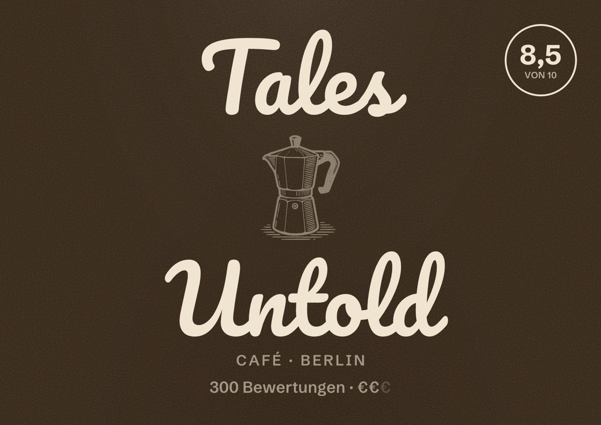 Illustriertes Poster von Tales Untold, Café in Berlin: Bewertung 8,5 von 10 aus 300 Bewertungen, Preisniveau €€
