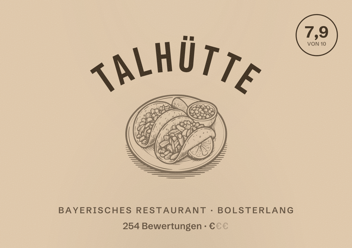 Illustriertes Poster von Talhütte, Bayerisches Restaurant in Bolsterlang: Bewertung 7,9 von 10 aus 254 Bewertungen, Preisniveau €