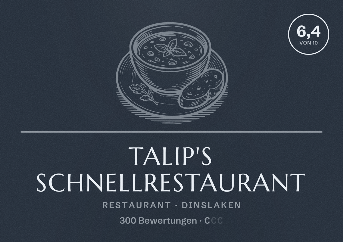 Illustriertes Poster von Talip's Schnellrestaurant, Restaurant in Dinslaken: Bewertung 6,4 von 10 aus 300 Bewertungen, Preisniveau €