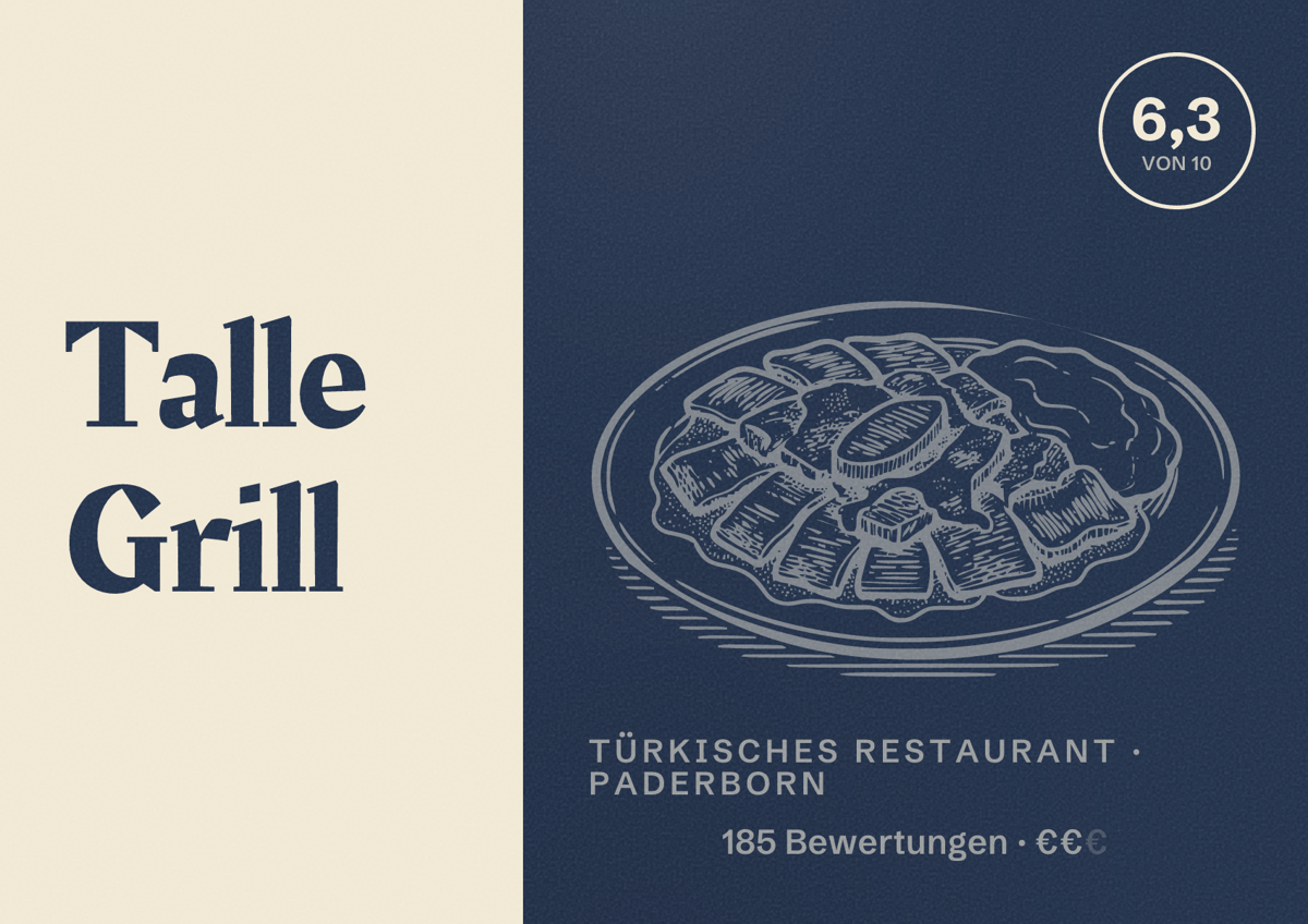 Illustriertes Poster von Talle Grill, Türkisches Restaurant in Paderborn: Bewertung 6,3 von 10 aus 185 Bewertungen, Preisniveau €€