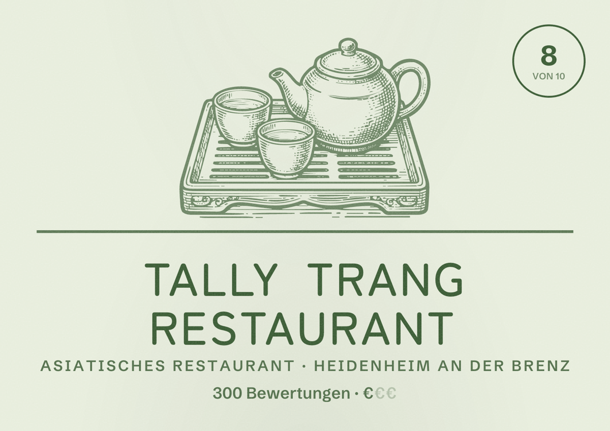 Illustriertes Poster von Tally Trang Restaurant, Asiatisches Restaurant in Heidenheim an der Brenz: Bewertung 8 von 10 aus 300 Bewertungen, Preisniveau €