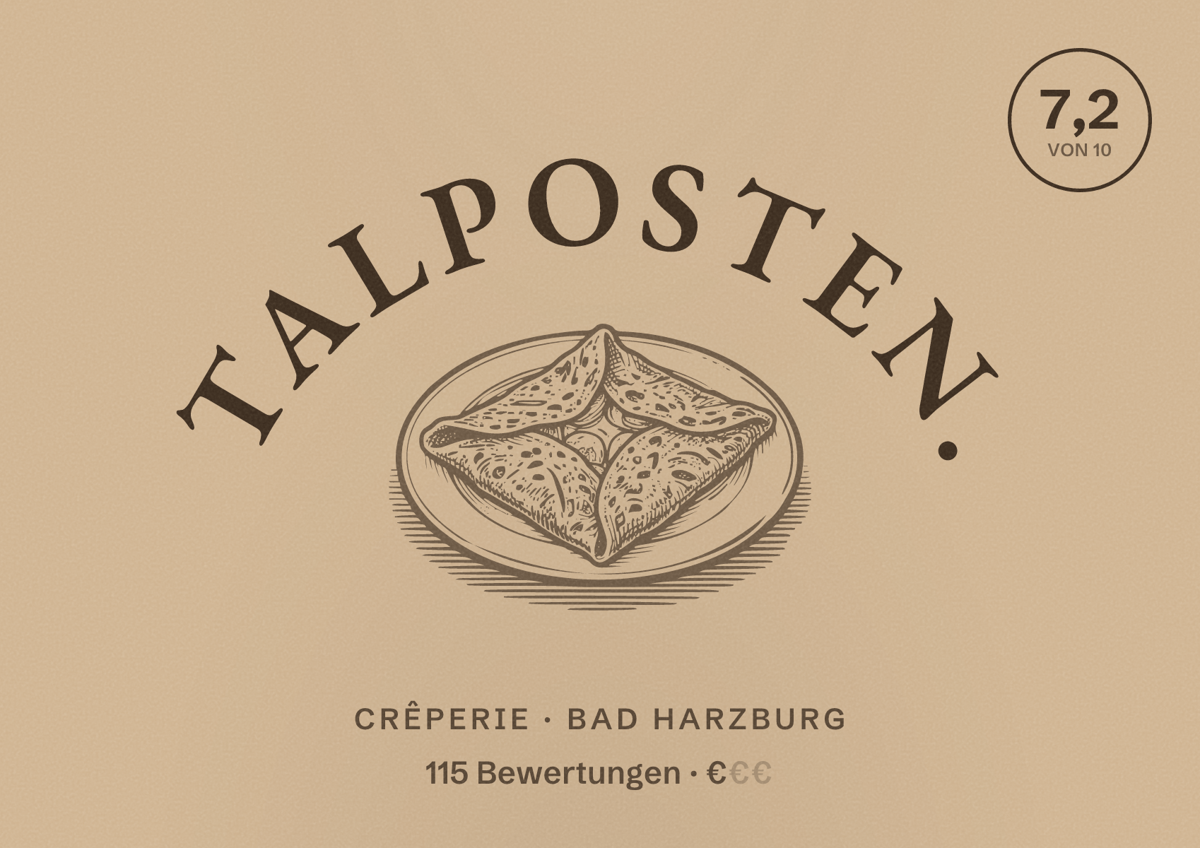 Illustriertes Poster von TALPOSTEN., Crêperie in Bad Harzburg: Bewertung 7,2 von 10 aus 115 Bewertungen, Preisniveau €