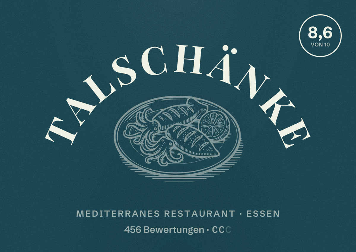 Illustriertes Poster von Talschänke, Mediterranes Restaurant in Essen: Bewertung 8,6 von 10 aus 456 Bewertungen, Preisniveau €€