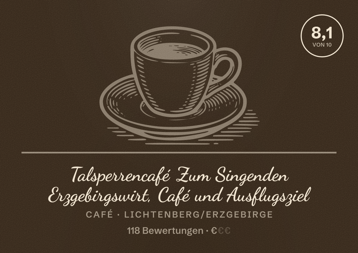 Illustriertes Poster von Talsperrencafé Zum Singenden Erzgebirgswirt, Café und Ausflugsziel, Café in Lichtenberg/Erzgebirge: Bewertung 8,1 von 10 aus 118 Bewertungen, Preisniveau €