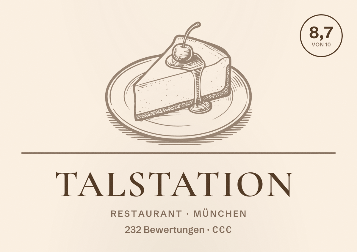 Illustriertes Poster von Talstation, Restaurant in München: Bewertung 8,7 von 10 aus 232 Bewertungen, Preisniveau €€€