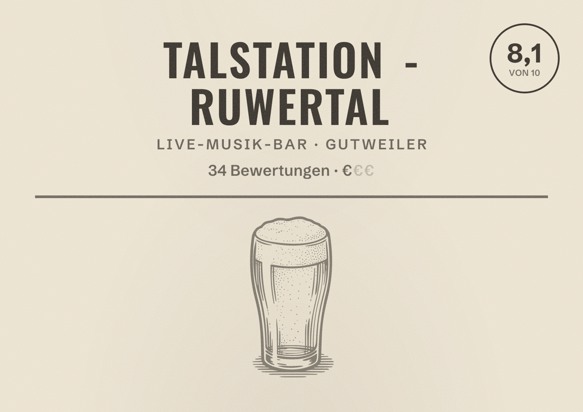 Illustriertes Poster von Talstation - Ruwertal, Live-Musik-Bar in Gutweiler: Bewertung 8,1 von 10 aus 34 Bewertungen, Preisniveau €