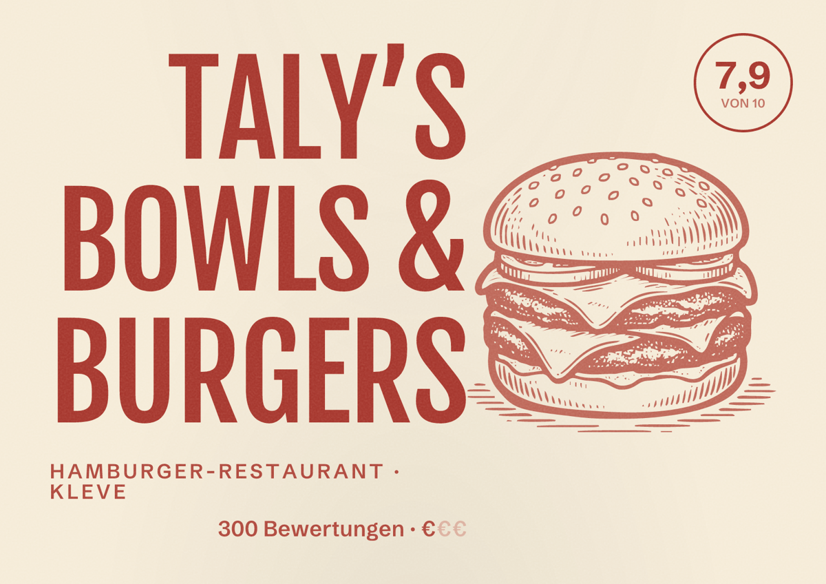 Illustriertes Poster von TALY’S BOWLS & BURGERS, Hamburger-Restaurant in Kleve: Bewertung 7,9 von 10 aus 300 Bewertungen, Preisniveau €